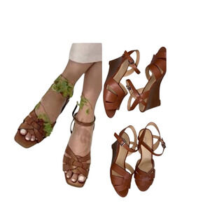 Nine West Women 8 Janie Kitten Wedge Brown Rich Leather Luxury Cruise Resort